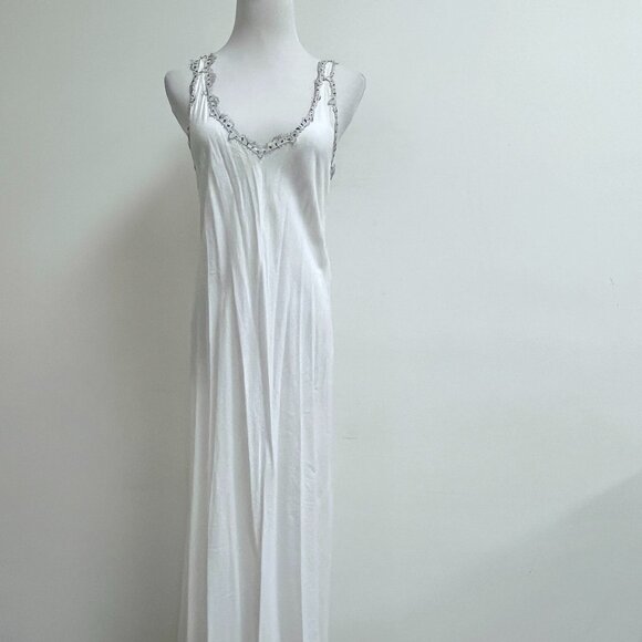 Oleg Cassini intimates white fine cotton slip gown M black eyelash lace - Picture 1 of 7